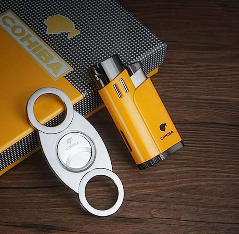 Yellow Cohiba Four-Flame Lighter & Cigar Cutter Set